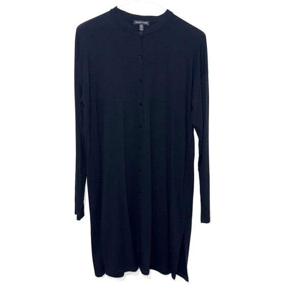 Eileen Fisher Jersey Crew Neck Long Sleeve Cardigan - Black XS - Picture 1 of 6